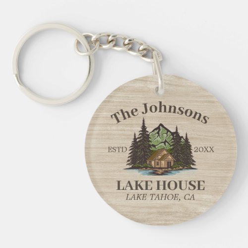 Lake House Wood Themed Family Name Personalized Keychain