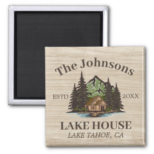 Lake House Wood Themed Family Name Personalized Magnet