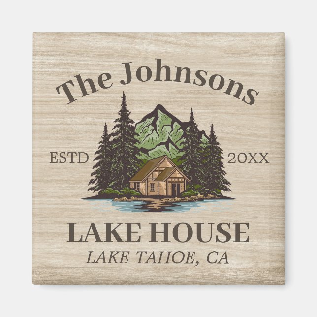 Lake House Wood Themed Family Name Personalized Magnet (Front)