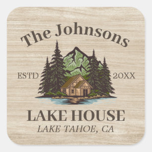Lake House Wood Themed Family Name Personalized Square Sticker