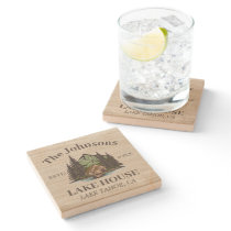 Lake House Wood Themed Family Name Personalized Stone Coaster