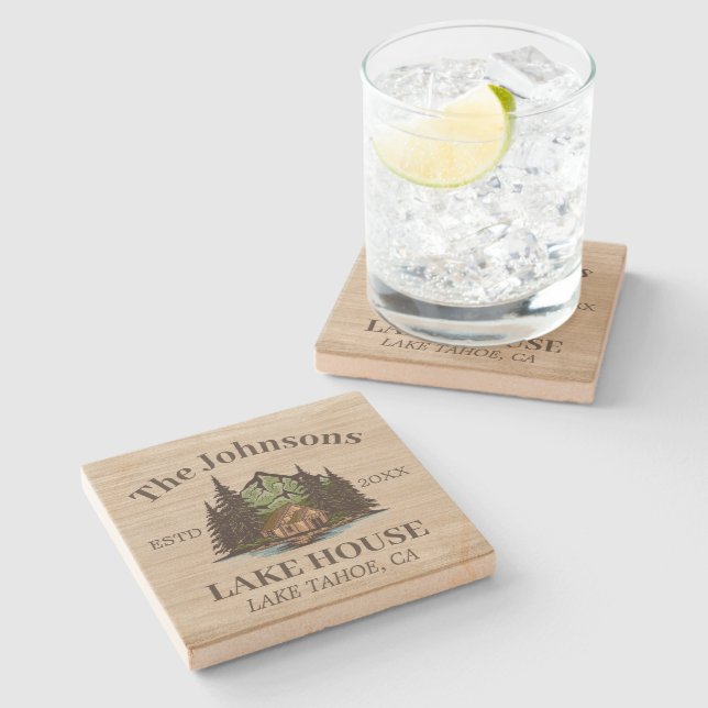 Lake House Wood Themed Family Name Personalized Stone Coaster (Side)
