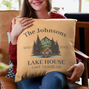 Lake House Wood Themed Family Name Personalized Throw Pillow