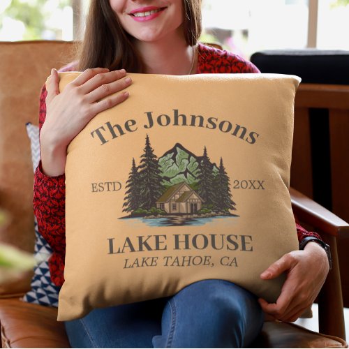Lake House Wood Themed Family Name Personalized Throw Pillow