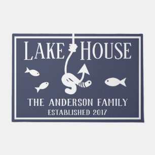 Lake House Worm on a Hook & Fish Family Name Doormat