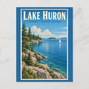 Lake Huron Illustration Travel Art Vintage Postcard