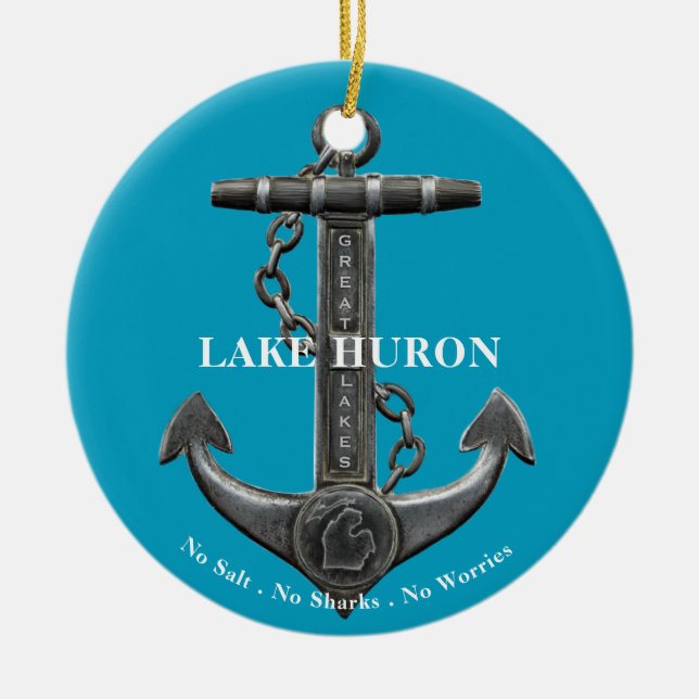 Lake Huron Patriotic distressed anchor nautical Ceramic Ornament (Front)