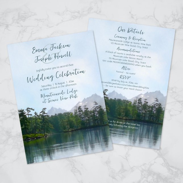 Lake in the mountains all in one wedding invitation (front & back - combination invitation plus details card - easily add a QR code with Z design tool)