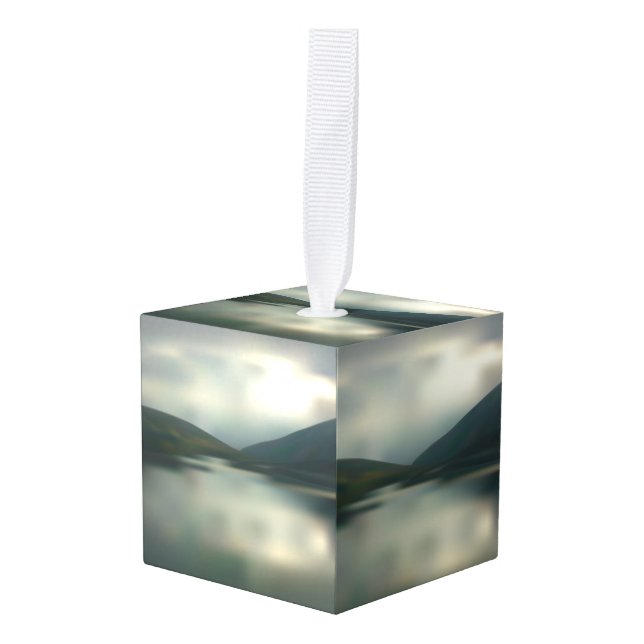 Lake in the mountains cube ornament (Front Angled)