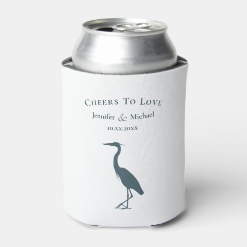 Lake in the mountains heron cheers to love wedding can cooler