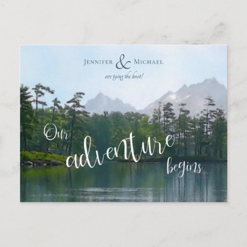 Lake in the mountains our adventure begins wedding announcement postcard