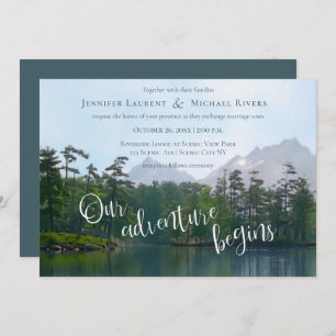 Lake in the mountains our adventure begins wedding invitation