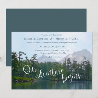 Lake in the mountains our adventure begins wedding invitation