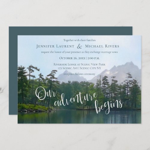 Lake in the mountains our adventure begins wedding invitation