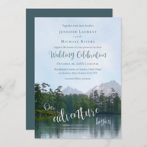 Lake in the mountains our adventure begins wedding invitation