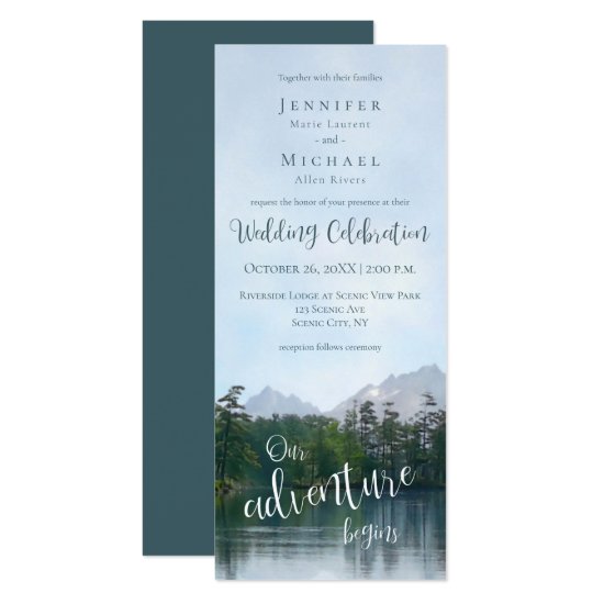 Lake in the mountains our adventure begins wedding invitation