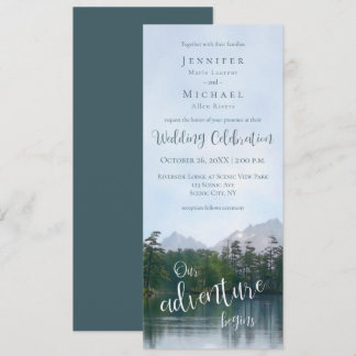Lake in the mountains our adventure begins wedding invitation