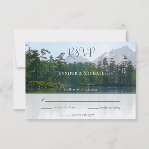 Lake in the mountains our adventure begins wedding RSVP card