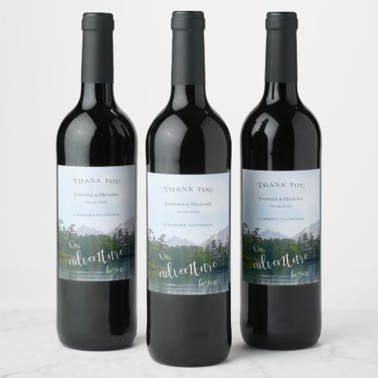 Lake in the mountains our adventure begins wedding wine label