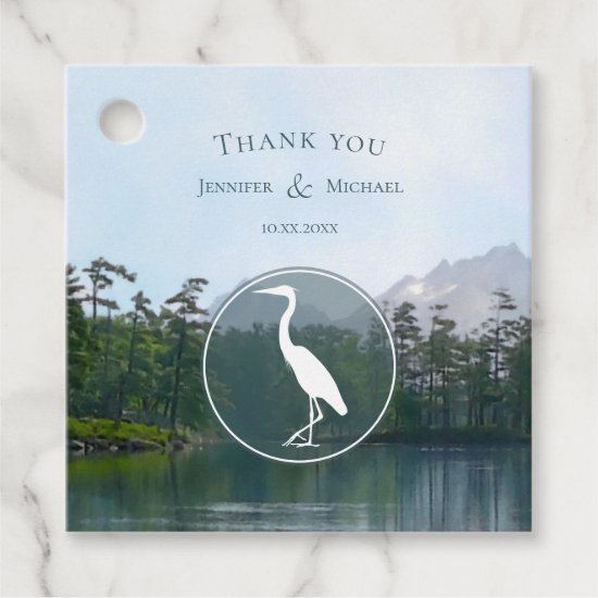 Lake in the mountains rustic heron wedding favor tags