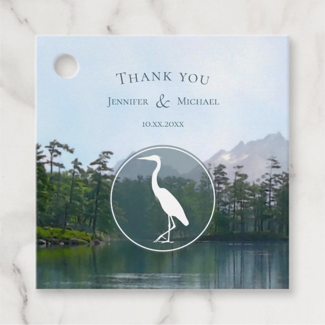 Lake in the mountains rustic heron wedding favor tags (Front)