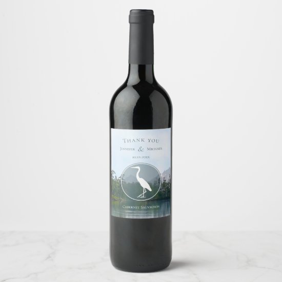 Lake in the mountains rustic nature heron wedding wine label