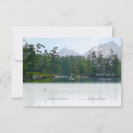 Lake in the mountains rustic nature wedding RSVP card