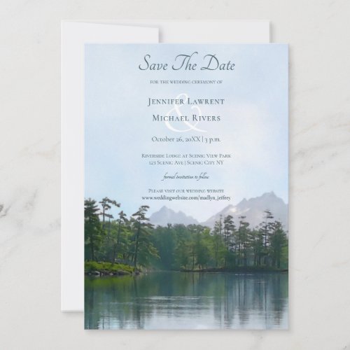 Lake in the mountains rustic nature wedding save the date