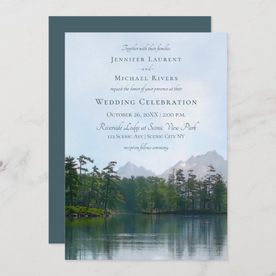 Lake in the mountains rustic wedding invitation