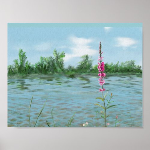 lake landscape  wild flowers water color art poster
