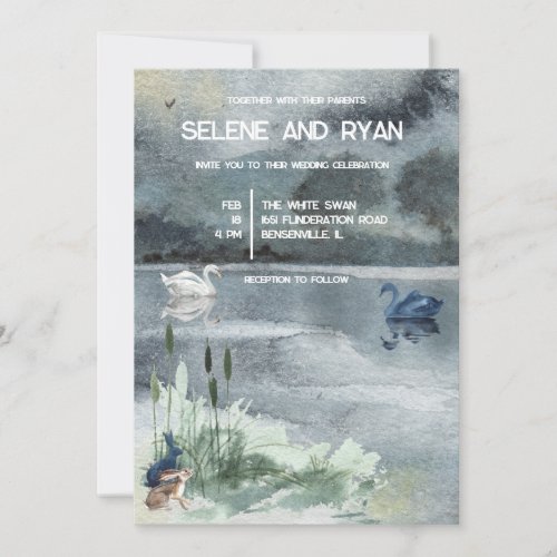 Lake landscape with swans Wedding Invitation