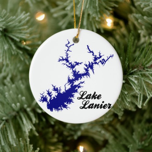 Lake Lanier Georgia Blue Shoreline Script Map Art Ceramic Ornament