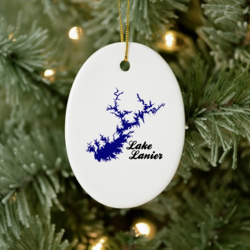 Lake Lanier Georgia Blue Shoreline Script Map Art Ceramic Ornament
