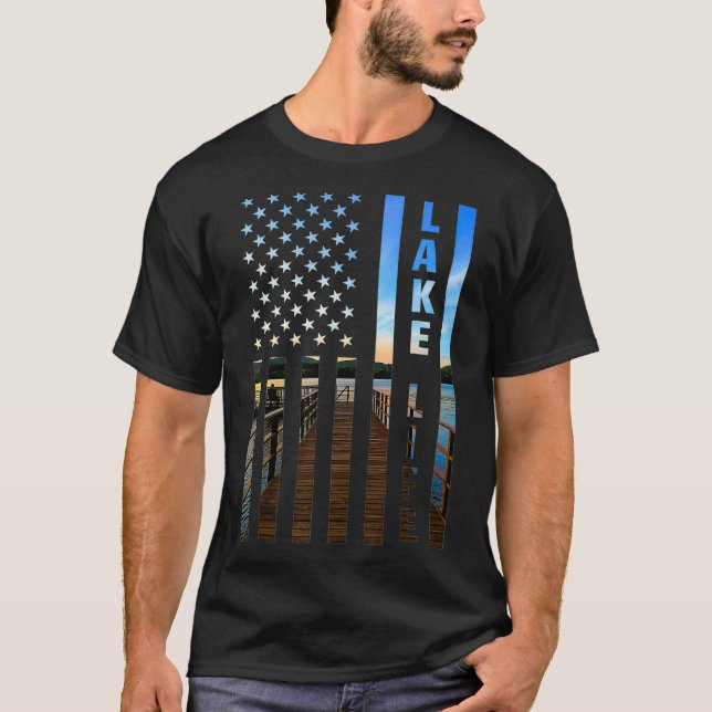 Lake Life American Flag Dock Sunset Power Boat Wak T-Shirt (Front)