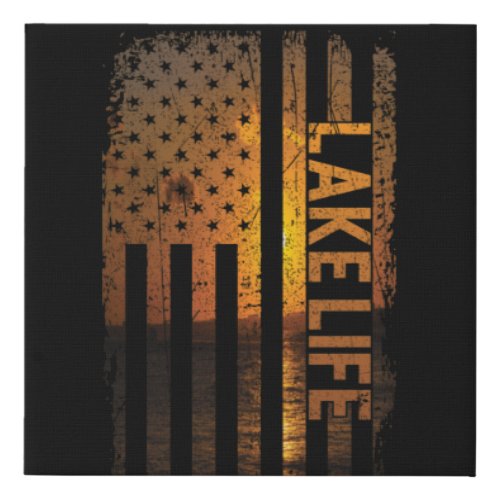 Lake Life American Flag Dock Sunset Wakeboarder Po Faux Canvas Print
