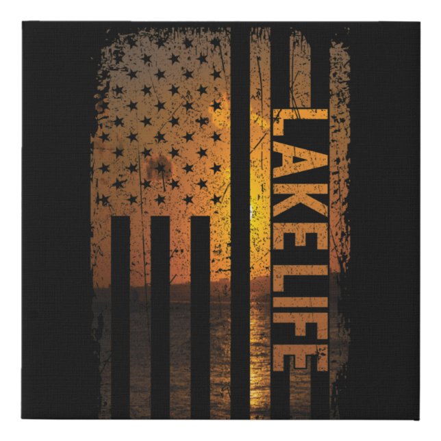 Lake Life American Flag Dock Sunset Wakeboarder Po Faux Canvas Print (Front)