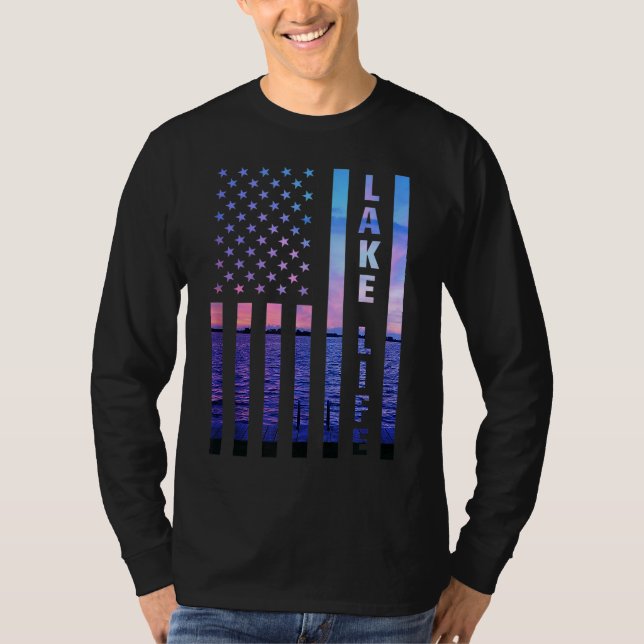 Lake Life American Flag Dock Sunset Wakeboarder Po T-Shirt (Front)