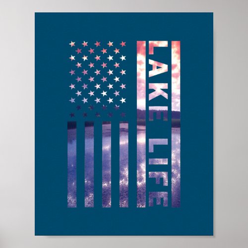 Lake Life American Flag Dock Sunset Wakeboarder Poster