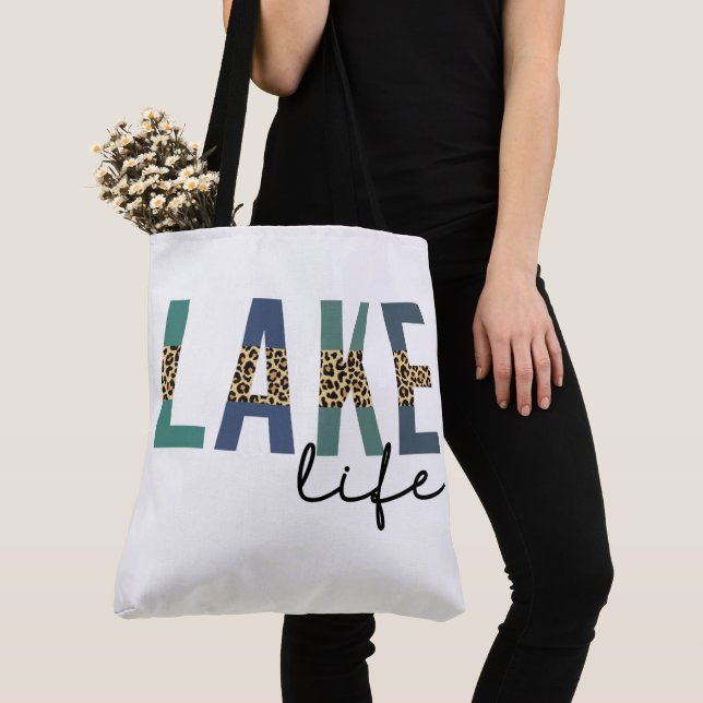 Lake Life Cheetah Print Typography Tote Bag (Close Up)
