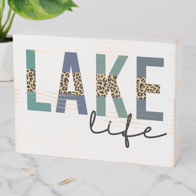 Lake Life Cheetah Print Typography Wooden Box Sign (In Situ Horizontal)