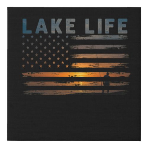 Lake Life Fisherman Sunset American Flag Bass Fish Faux Canvas Print