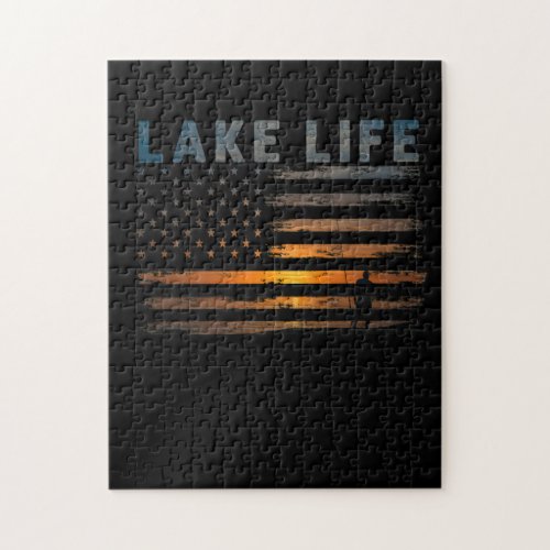 Lake Life Fisherman Sunset American Flag Bass Fish Jigsaw Puzzle