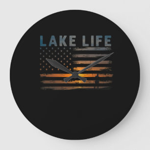 Lake Life Fisherman Sunset American Flag Bass Fish Large Clock