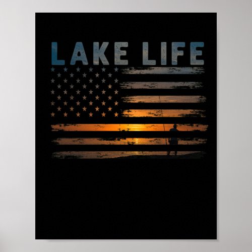 Lake Life Fisherman Sunset American Flag Bass Fish Poster