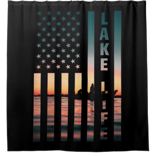 Lake Life Fisherman Sunset American Flag Bass Fish Shower Curtain