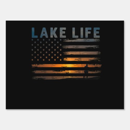 Lake Life Fisherman Sunset American Flag Bass Fish Sign