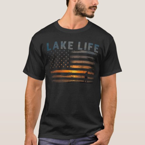 Lake Life Fisherman Sunset American Flag Bass Fish T_Shirt