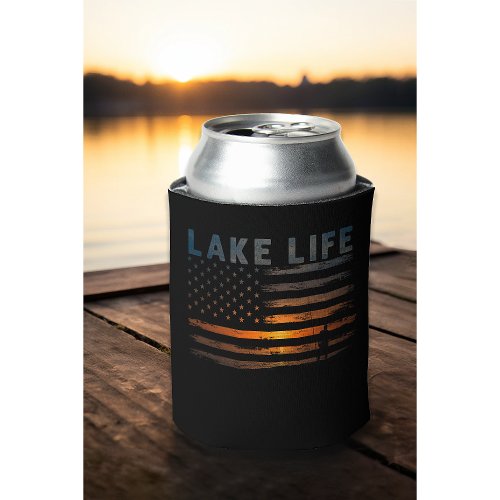 Lake Life Fisherman Sunset American Flag Can Cooler