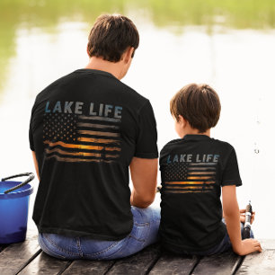 Lake Life Fisherman Sunset American Flag T-Shirt
