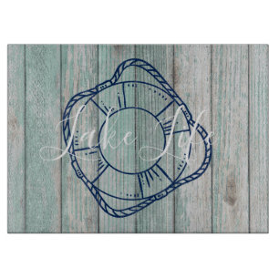 Lake Life & Preserver Blue Wood Cutting Board